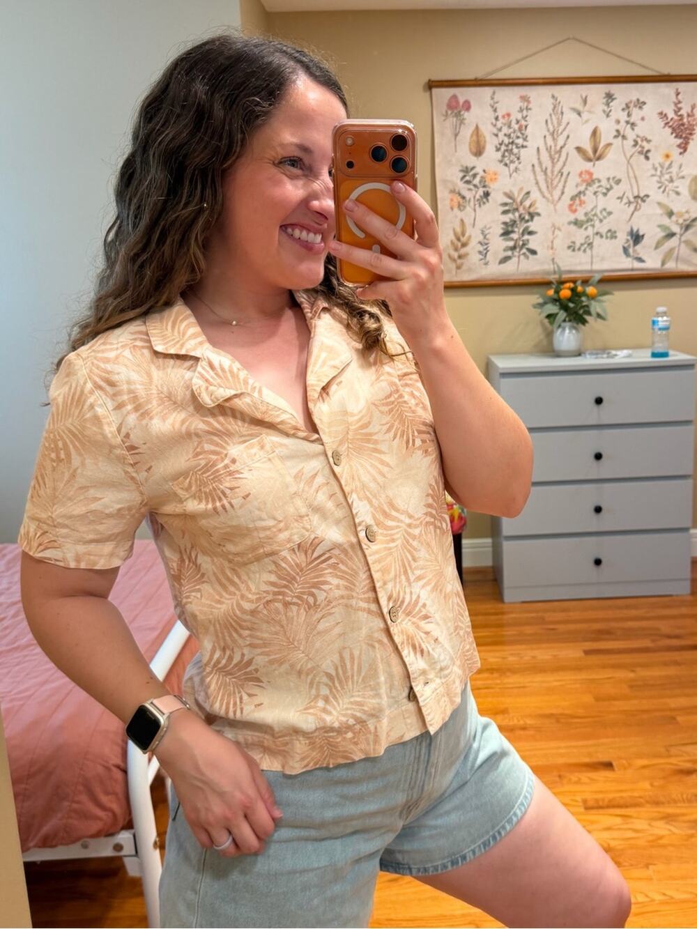 Faherty Pink Linen Beige Palm-Print Button Front Short Sleeve Top Small
